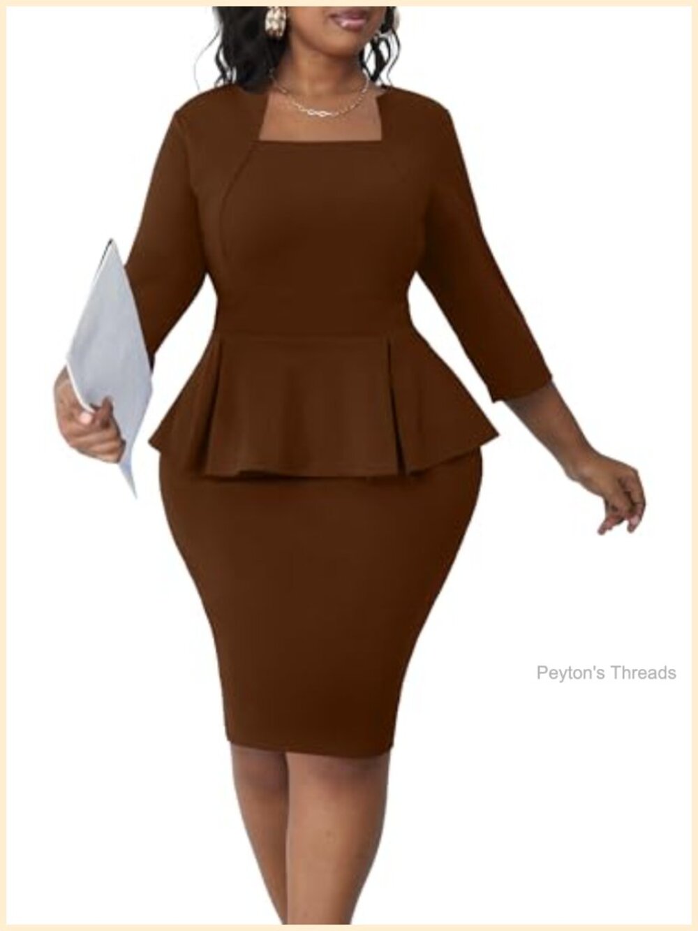 Plus Size Peplum Midi Pencil Dress 3/4 Sleeve Work Church 95% Polyester